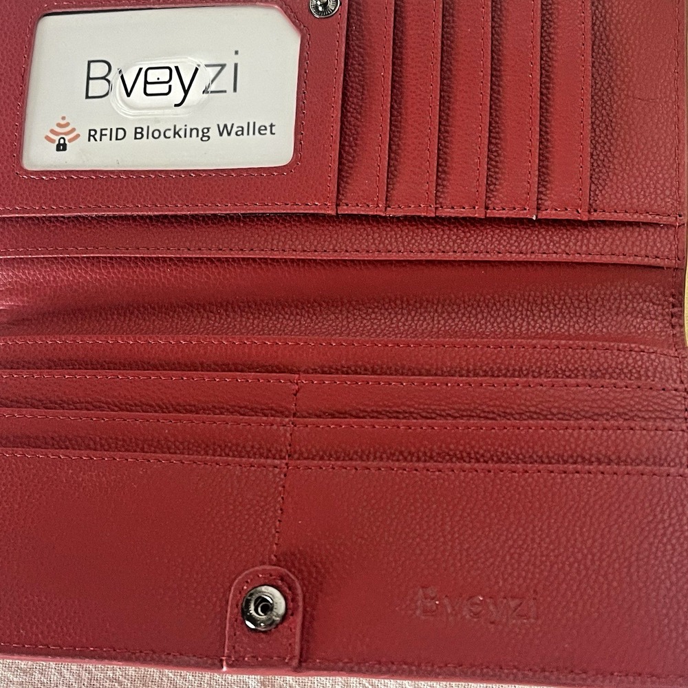 BVEYZI Red Leather RFID Protection Wallet –‎ Card Slots, ID Window, Coin Pocket